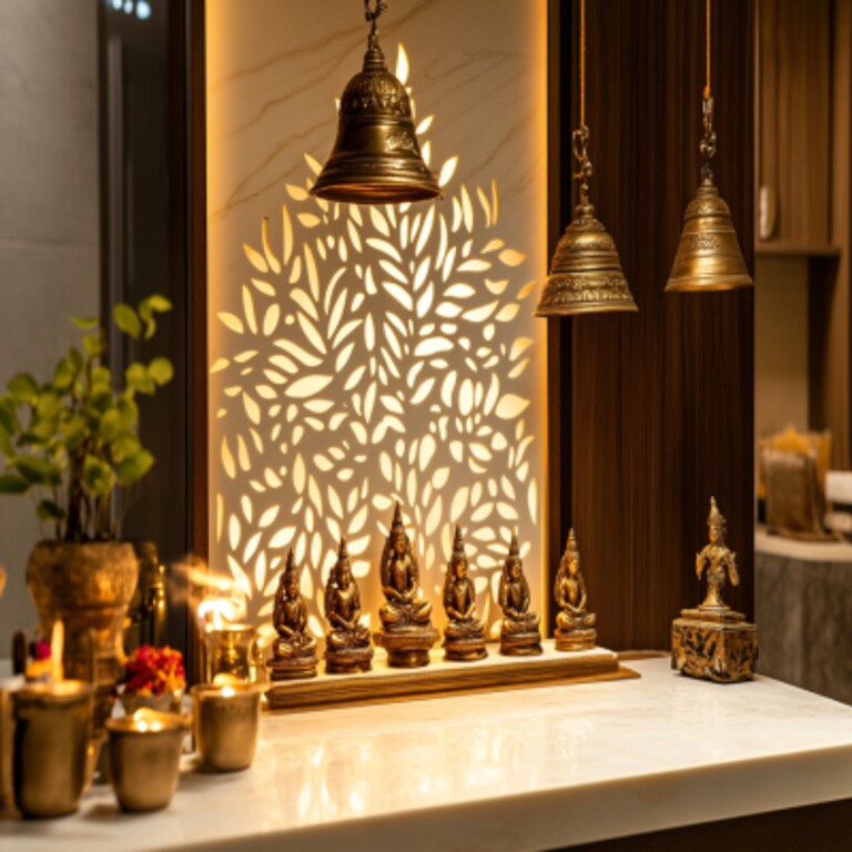 Contemporary Pooja Unit Design with Soft Backlit Leaf Design